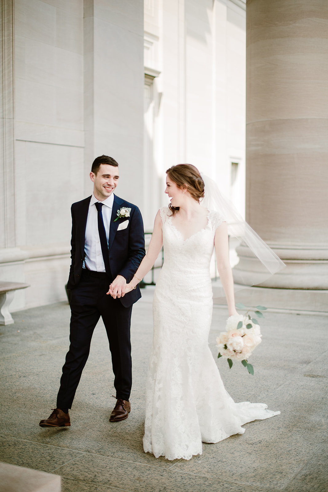  Bride and groom first look at the National Gallery of Art Museum, Washington D.C. Irish wedding with green and gold accents. Sarah Mattozzi Photography. 