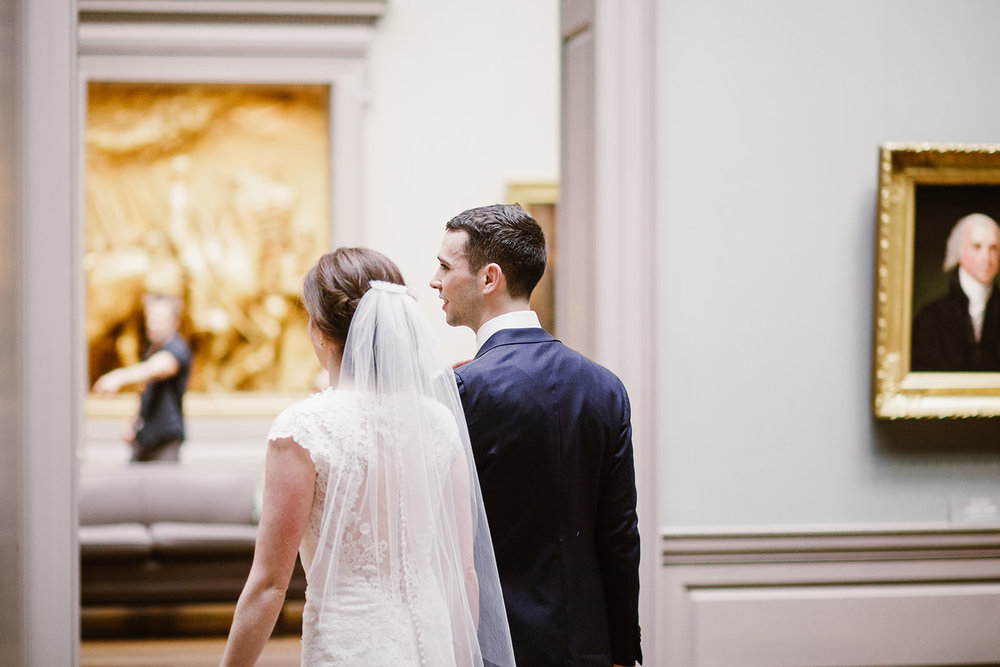  Bride and groom wedding portraits at the National Gallery of Art Museum, Washington D.C. Irish wedding with green and gold accents. Sarah Mattozzi Photography. 