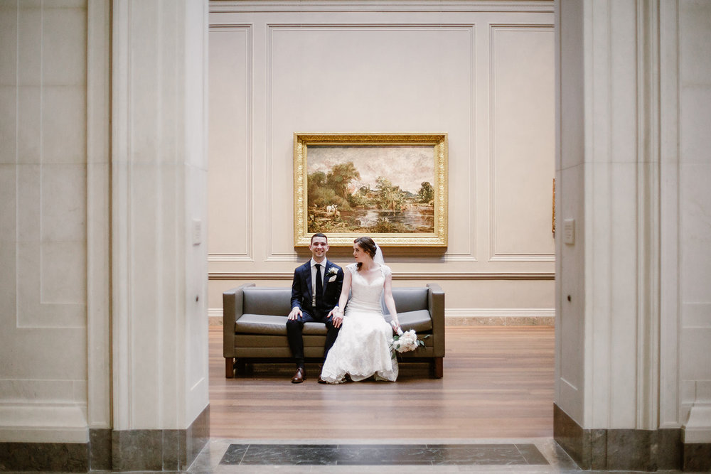  Bride and groom wedding portraits at the National Gallery of Art Museum, Washington D.C. Irish wedding with green and gold accents. Sarah Mattozzi Photography. 