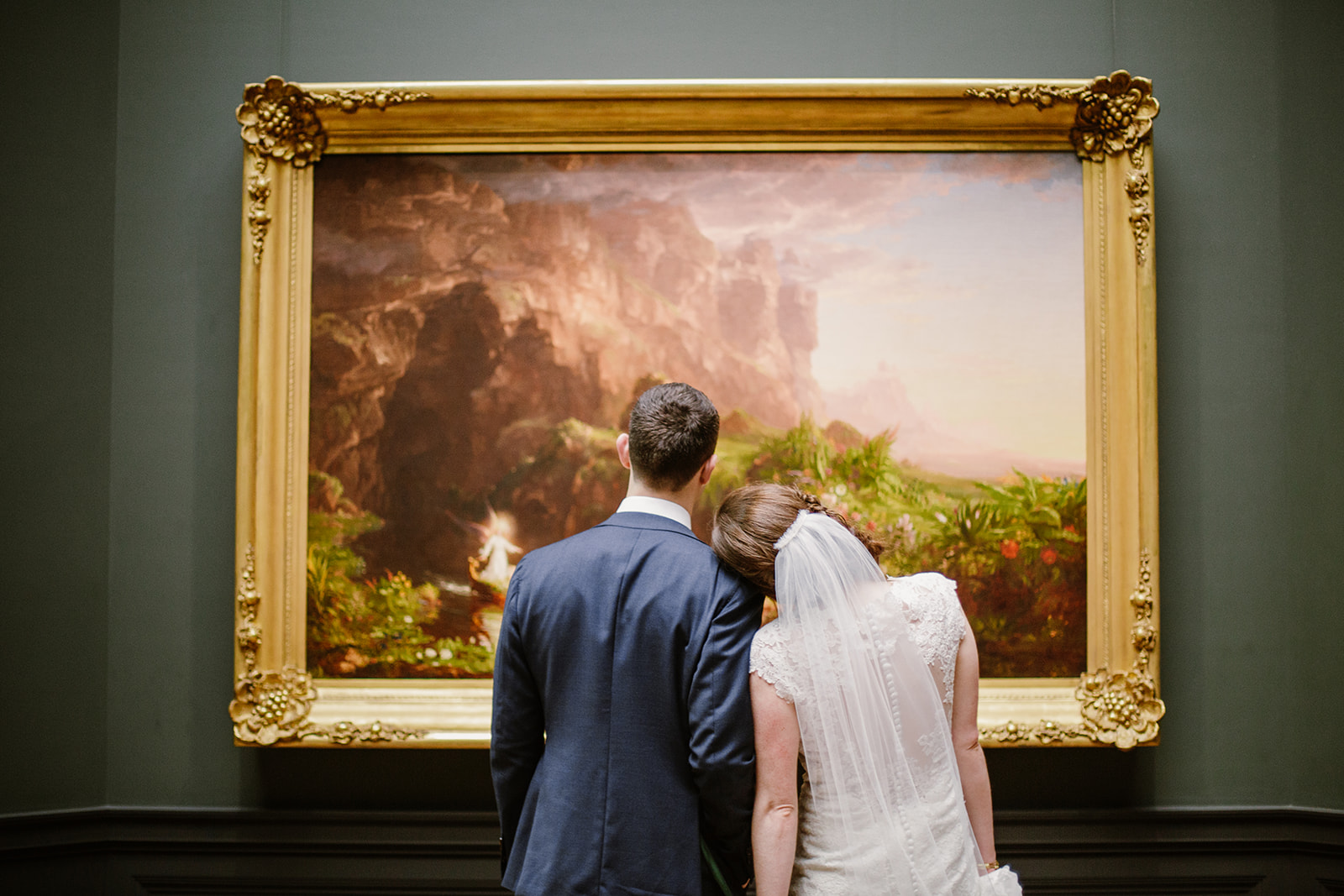  Bride and groom wedding portraits at the National Gallery of Art Museum, Washington D.C. Irish wedding with green and gold accents. Sarah Mattozzi Photography. 