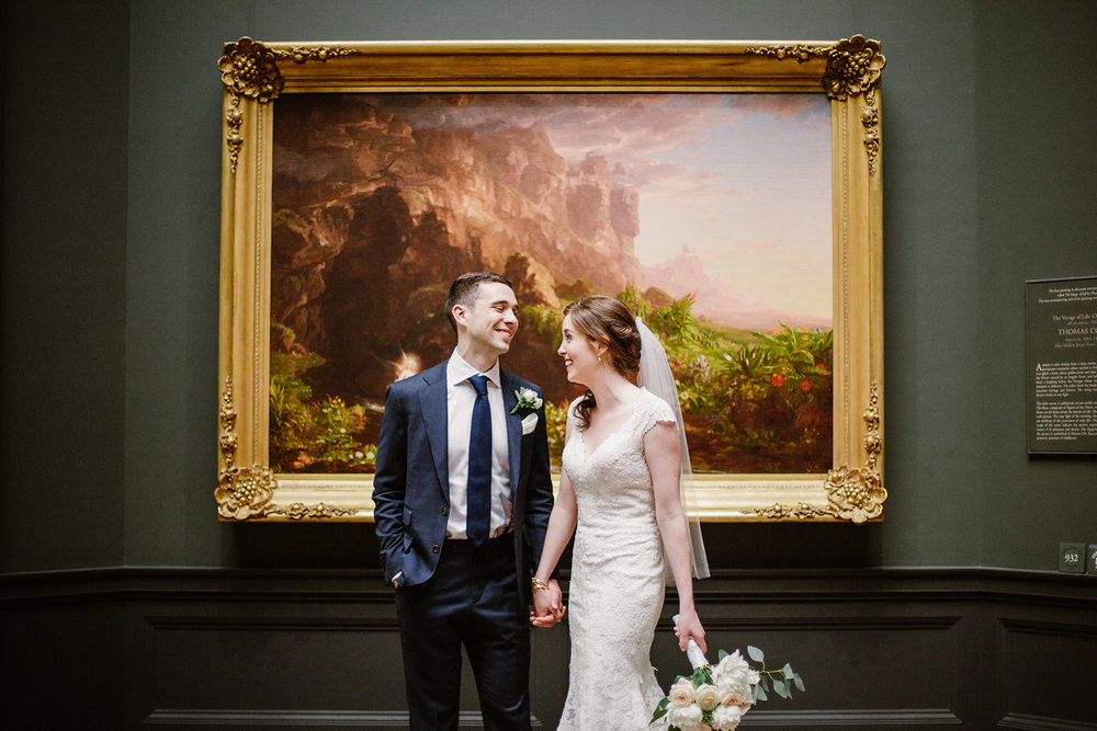  Bride and groom wedding portraits at the National Gallery of Art Museum, Washington D.C. Irish wedding with green and gold accents. Sarah Mattozzi Photography. 