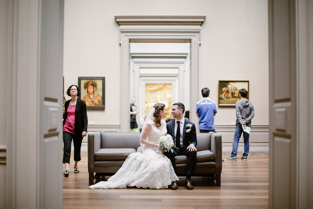  Bride and groom wedding portraits at the National Gallery of Art Museum, Washington D.C. Irish wedding with green and gold accents. Sarah Mattozzi Photography. 