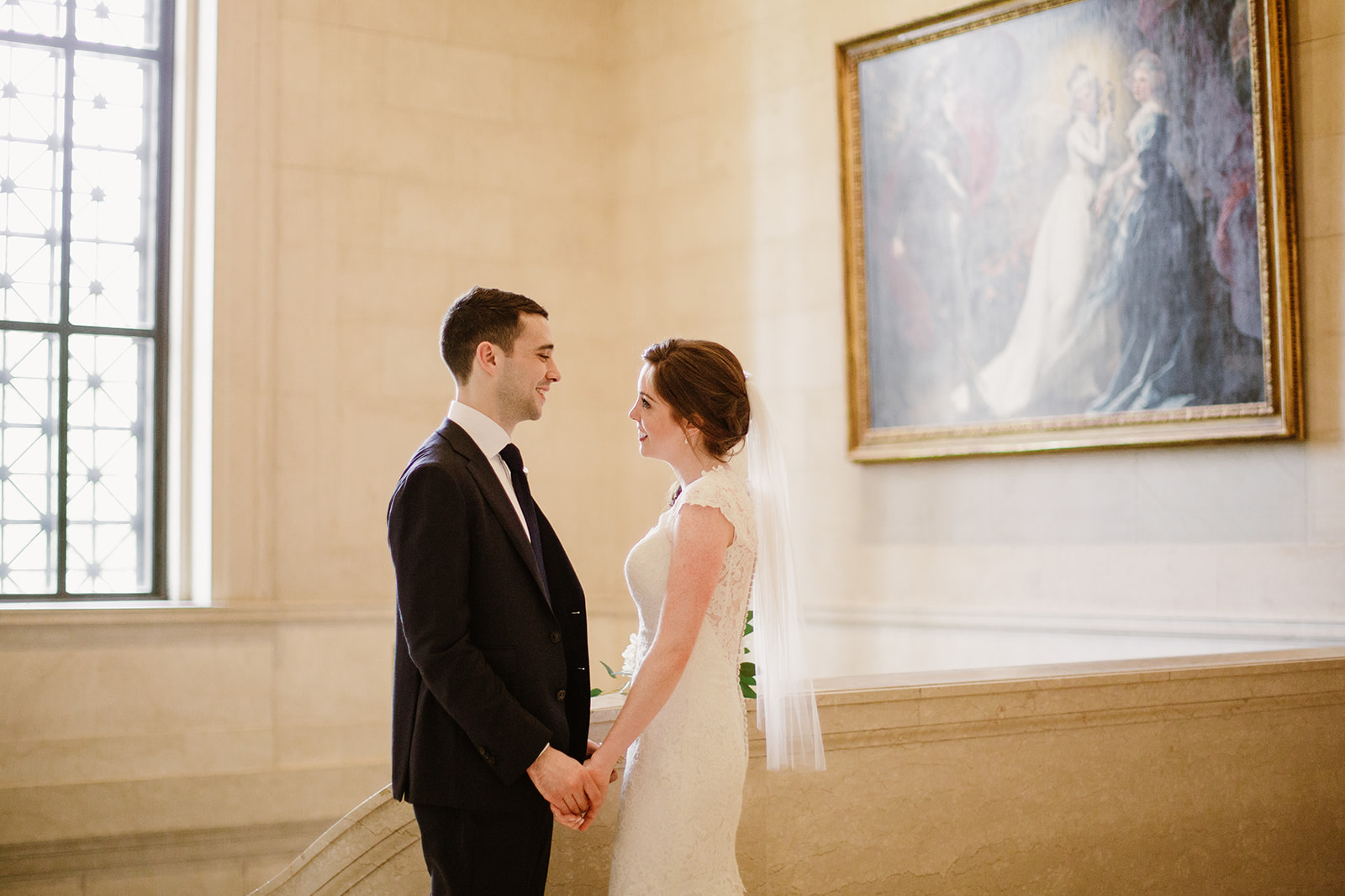  Bride and groom wedding portraits at the National Gallery of Art Museum, Washington D.C. Irish wedding with green and gold accents. Sarah Mattozzi Photography. 