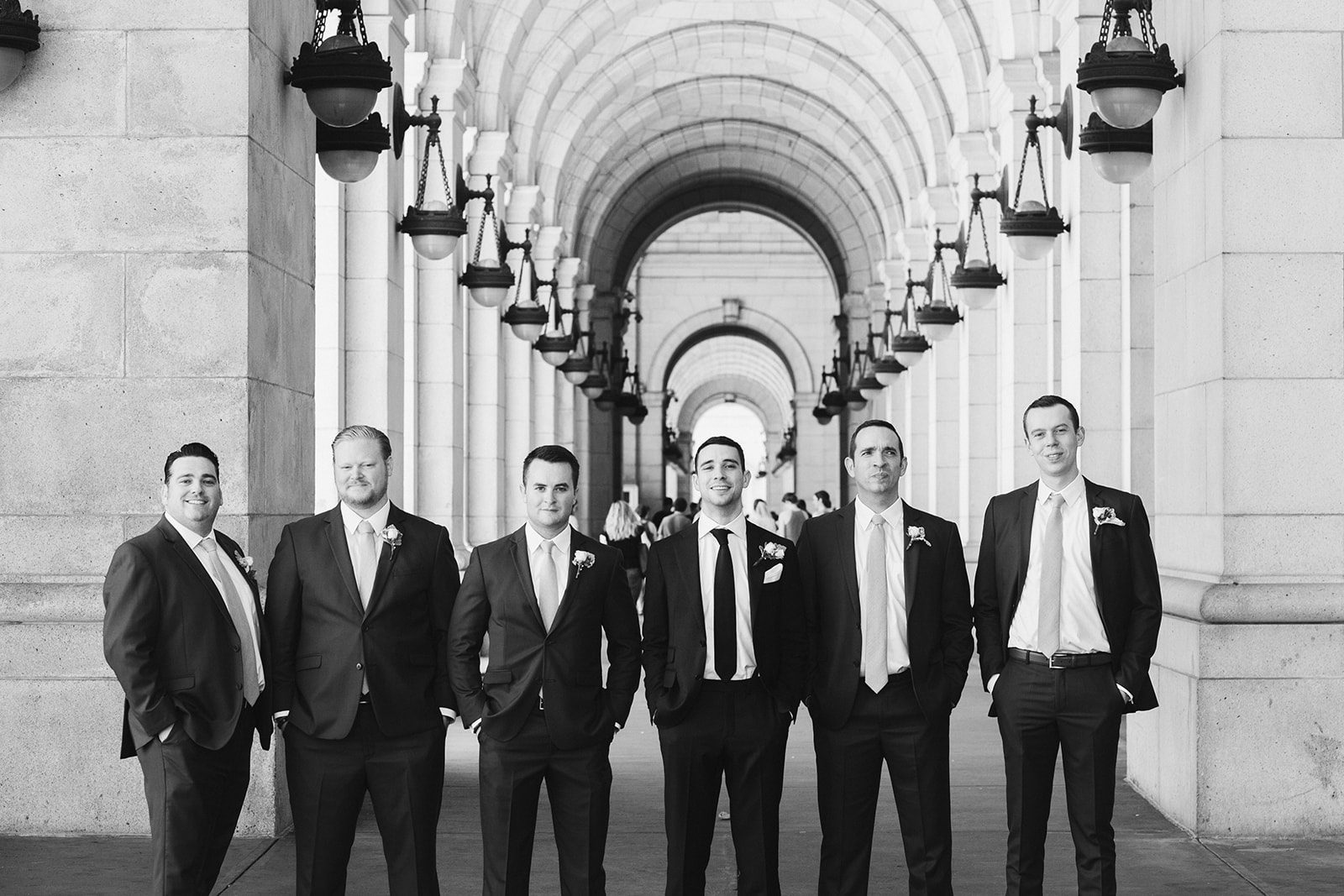  Wedding party portraits at Union Station in Washington D.C. Irish wedding with green and gold accents. Sarah Mattozzi Photography. 