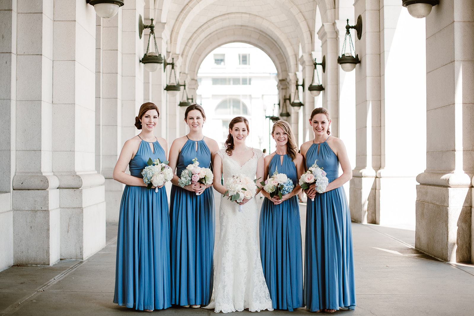  Wedding party portraits at Union Station in Washington D.C. Irish wedding with green and gold accents. Sarah Mattozzi Photography. 