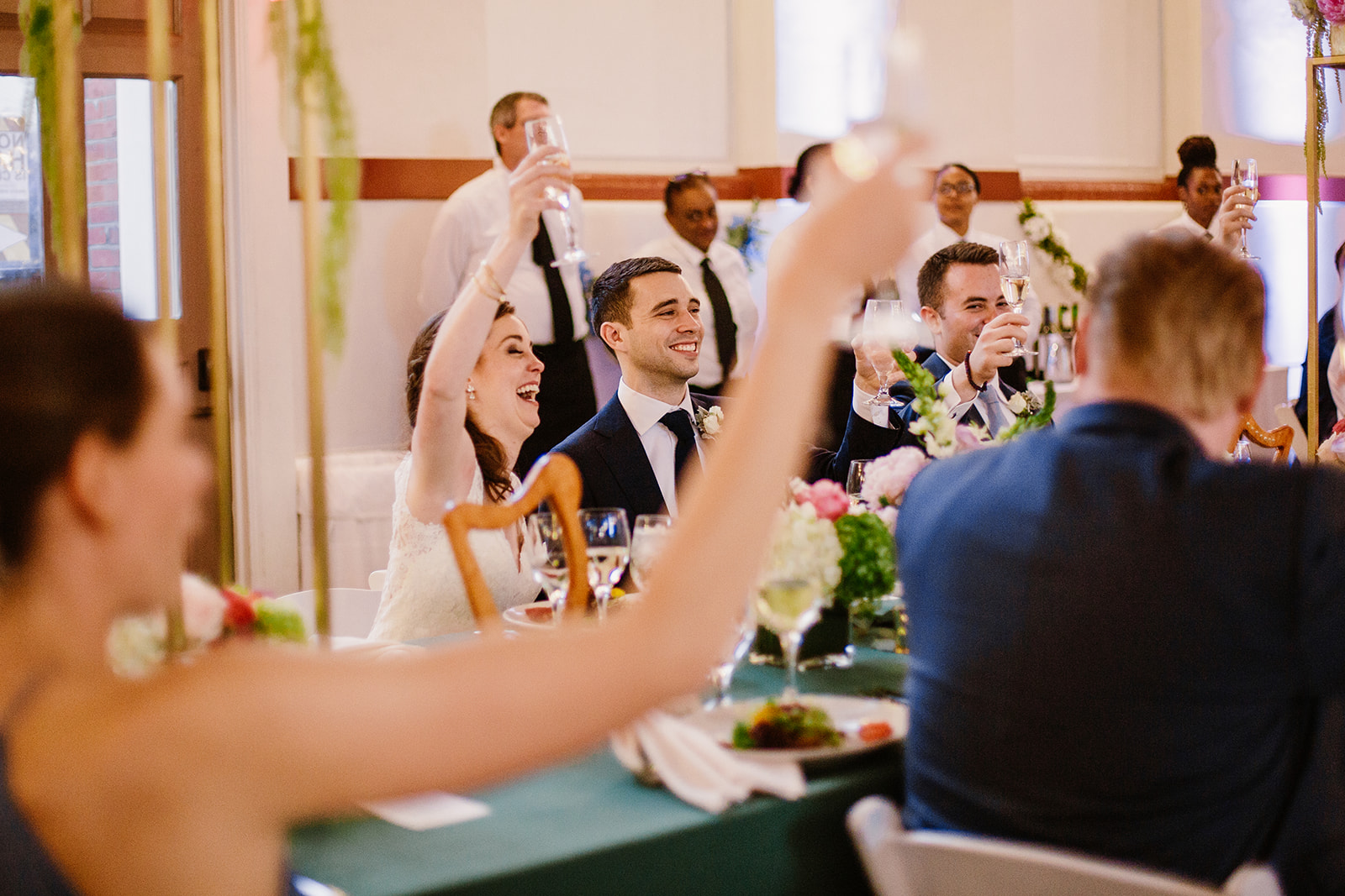  Wedding reception at Eastern Market in Washington D.C. Irish wedding with green and gold accents. Sarah Mattozzi Photography. 