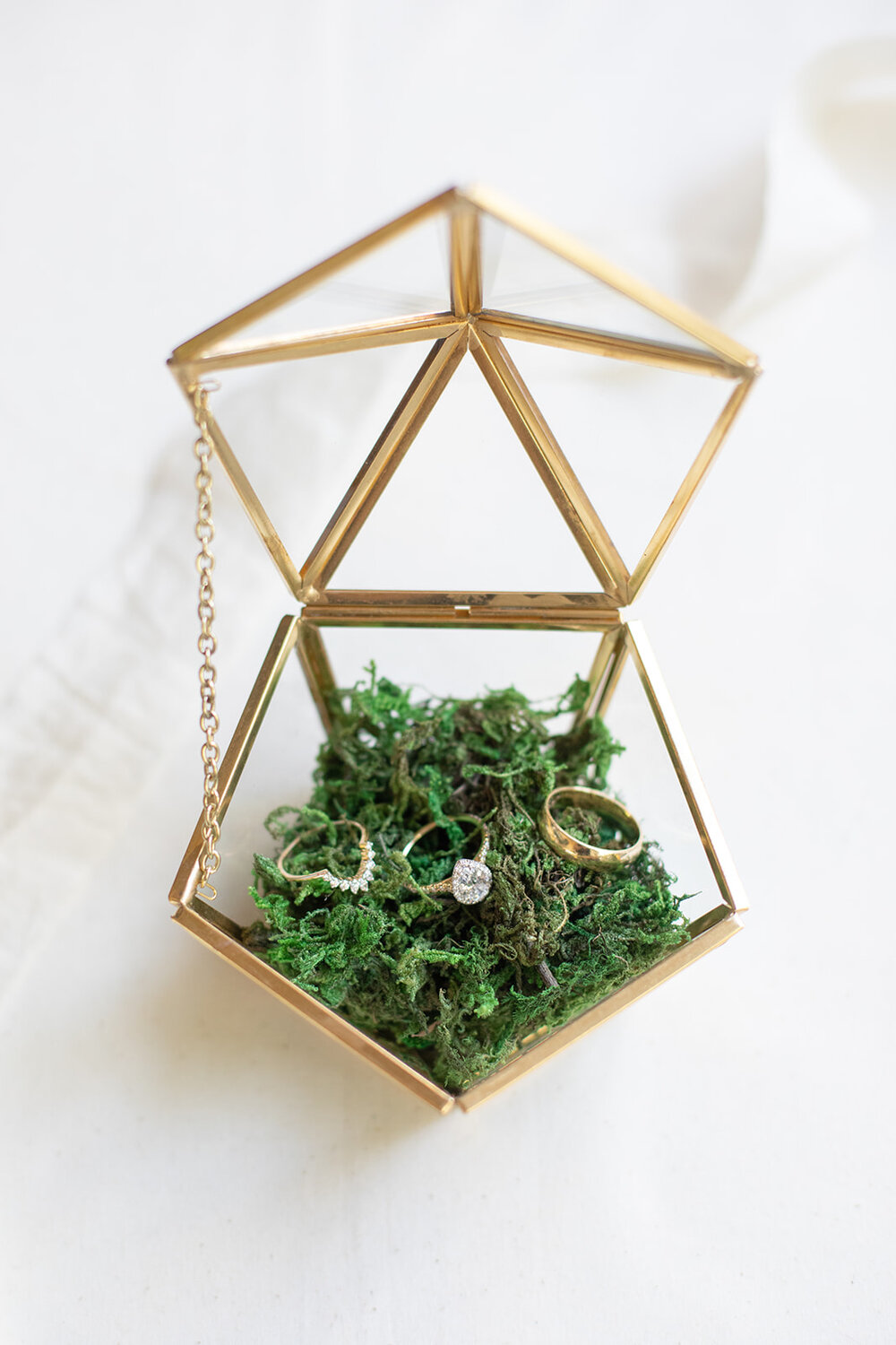  Mossy, gold, geometric ring box. 