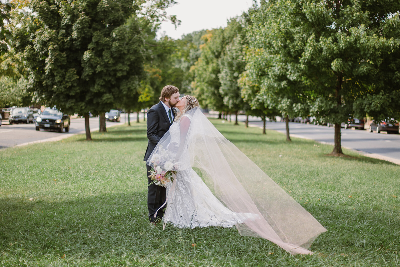  Pink cathedral veil. Wedding day portraits in The Fan, Richmond, VA. 
