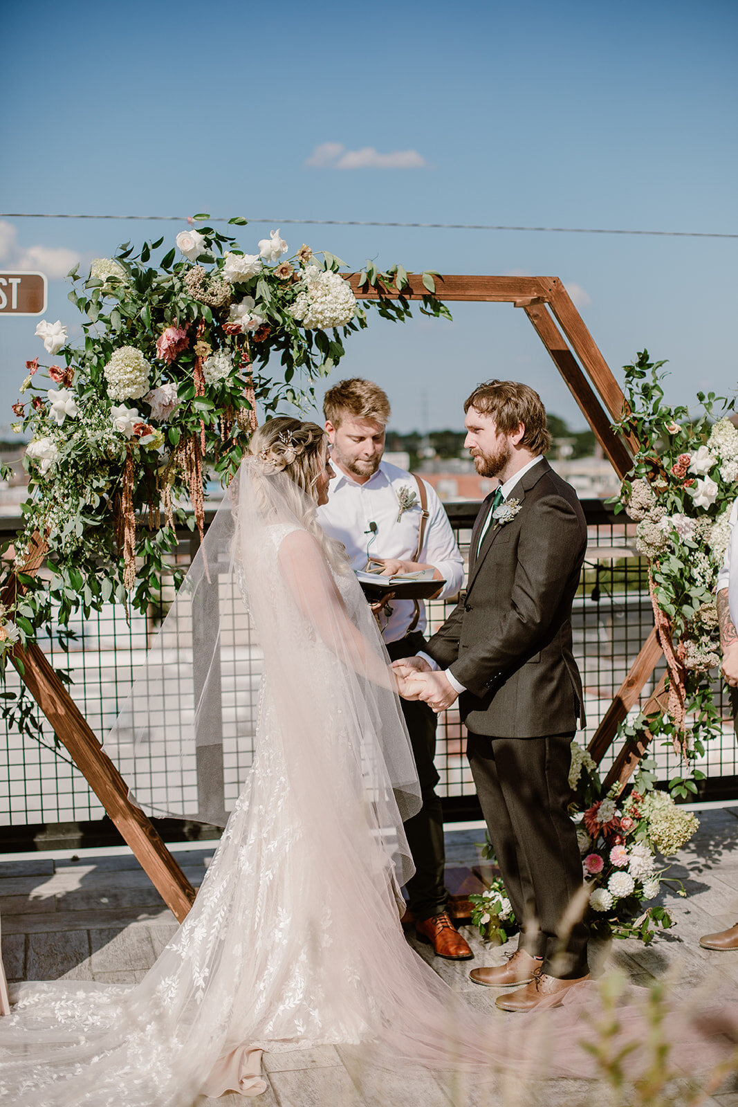  Floral arbor by Vessel and Stem. Modern rooftop wedding at The Hofheimer Building, Richmond, VA 