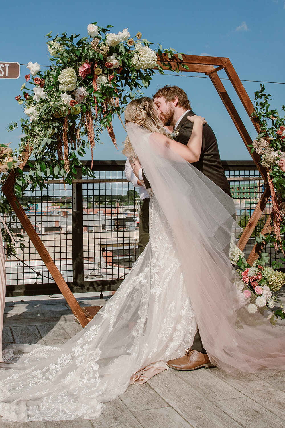  Floral arbor by Vessel and Stem. Modern rooftop wedding at The Hofheimer Building, Richmond, VA 