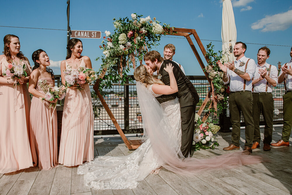  Floral arbor by Vessel and Stem. Modern rooftop wedding at The Hofheimer Building, Richmond, VA 