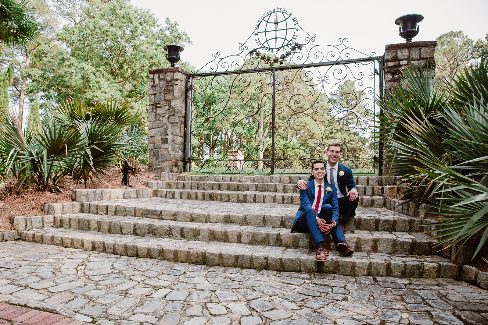  Portraits of the grooms. Vegan wedding at the Norfolk Botanical Gardens, Norfolk, VA. Rose garden and plant inspired wedding on the first day of Pride month. Sarah Mattozzi Photography. 