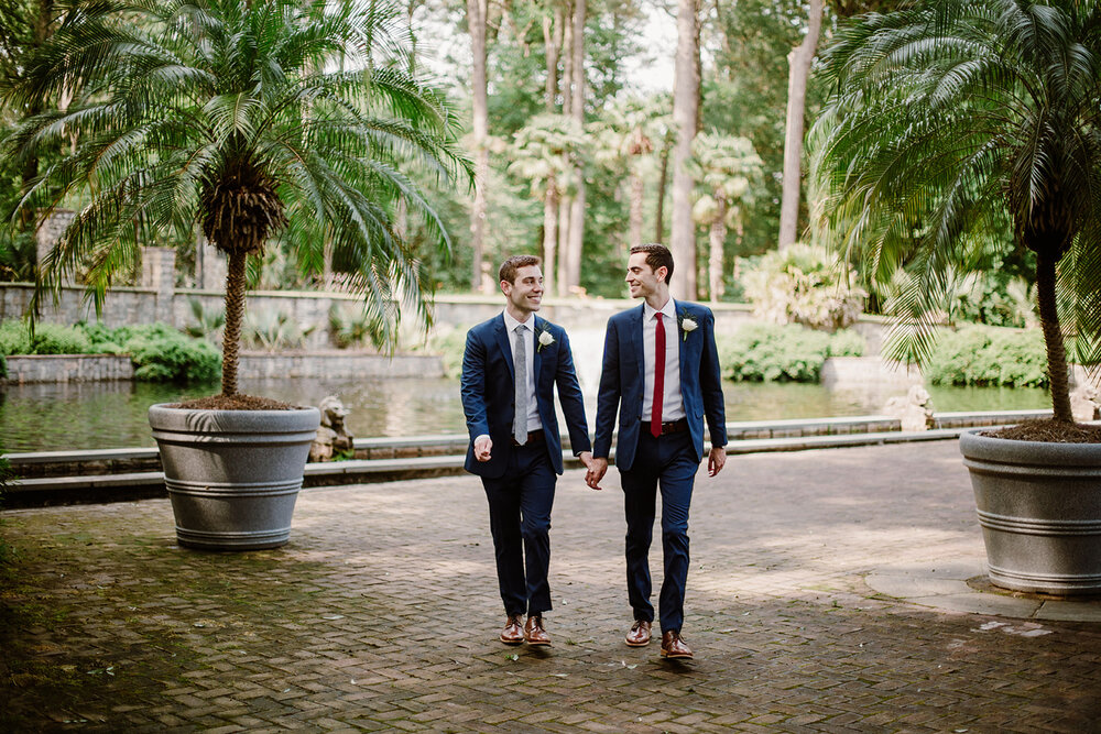  Portraits of the grooms. Vegan wedding at the Norfolk Botanical Gardens, Norfolk, VA. Rose garden and plant inspired wedding on the first day of Pride month. Sarah Mattozzi Photography. 