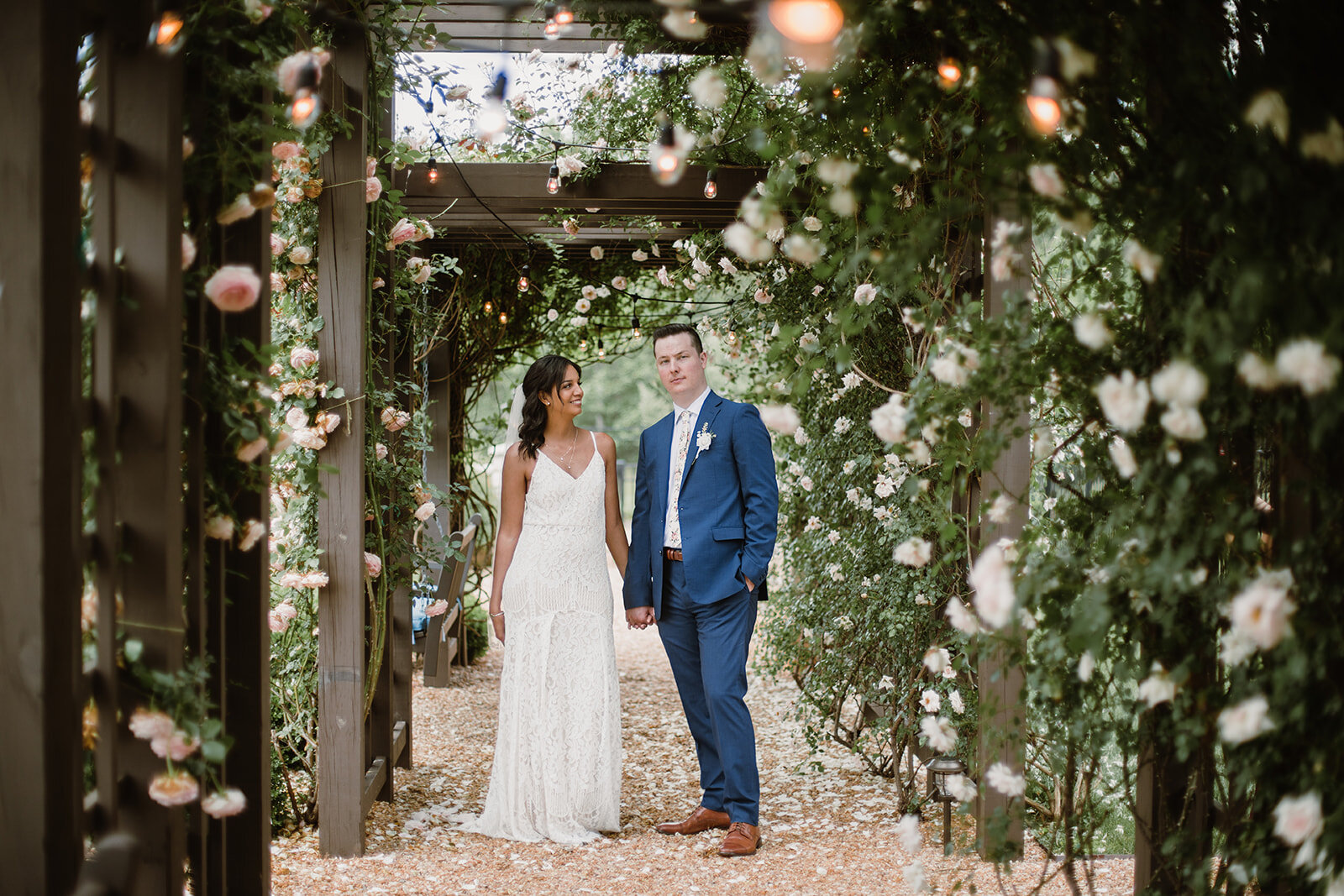  Bride and groom portraits under a rose tunnel arbor. Intimate Italian villa elopement at Monteventoso in Madison, Virginia. 