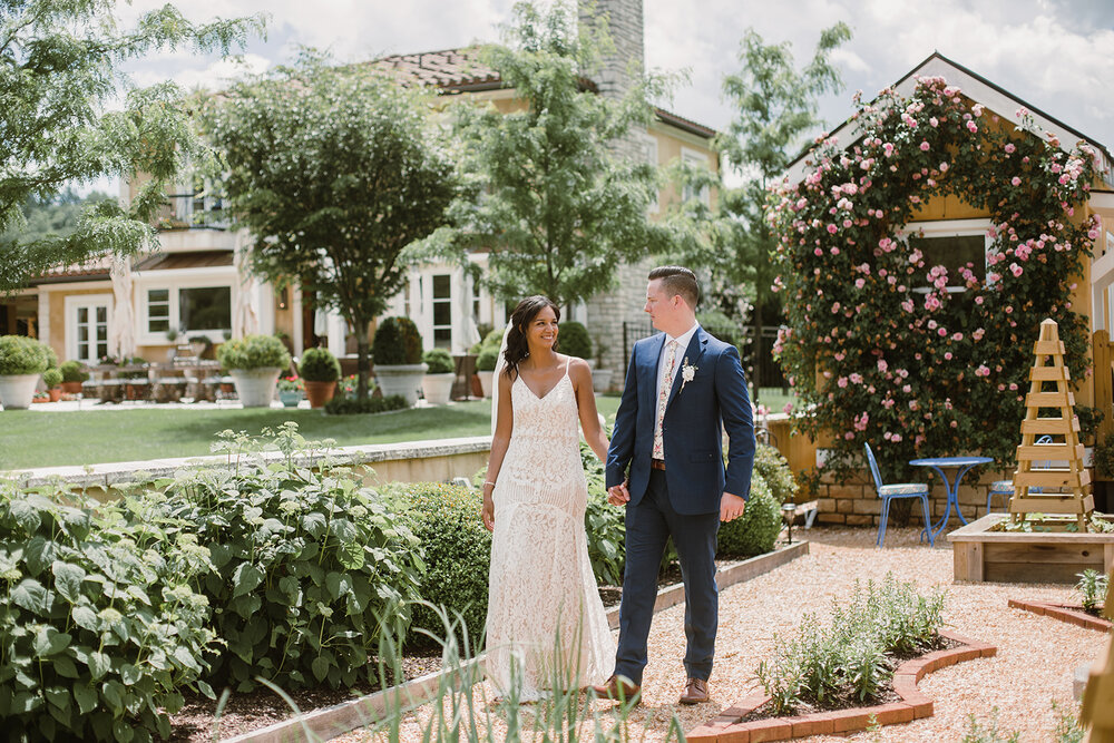  Bride and groom portraits under a rose tunnel arbor. Intimate Italian villa elopement at Monteventoso in Madison, Virginia. 