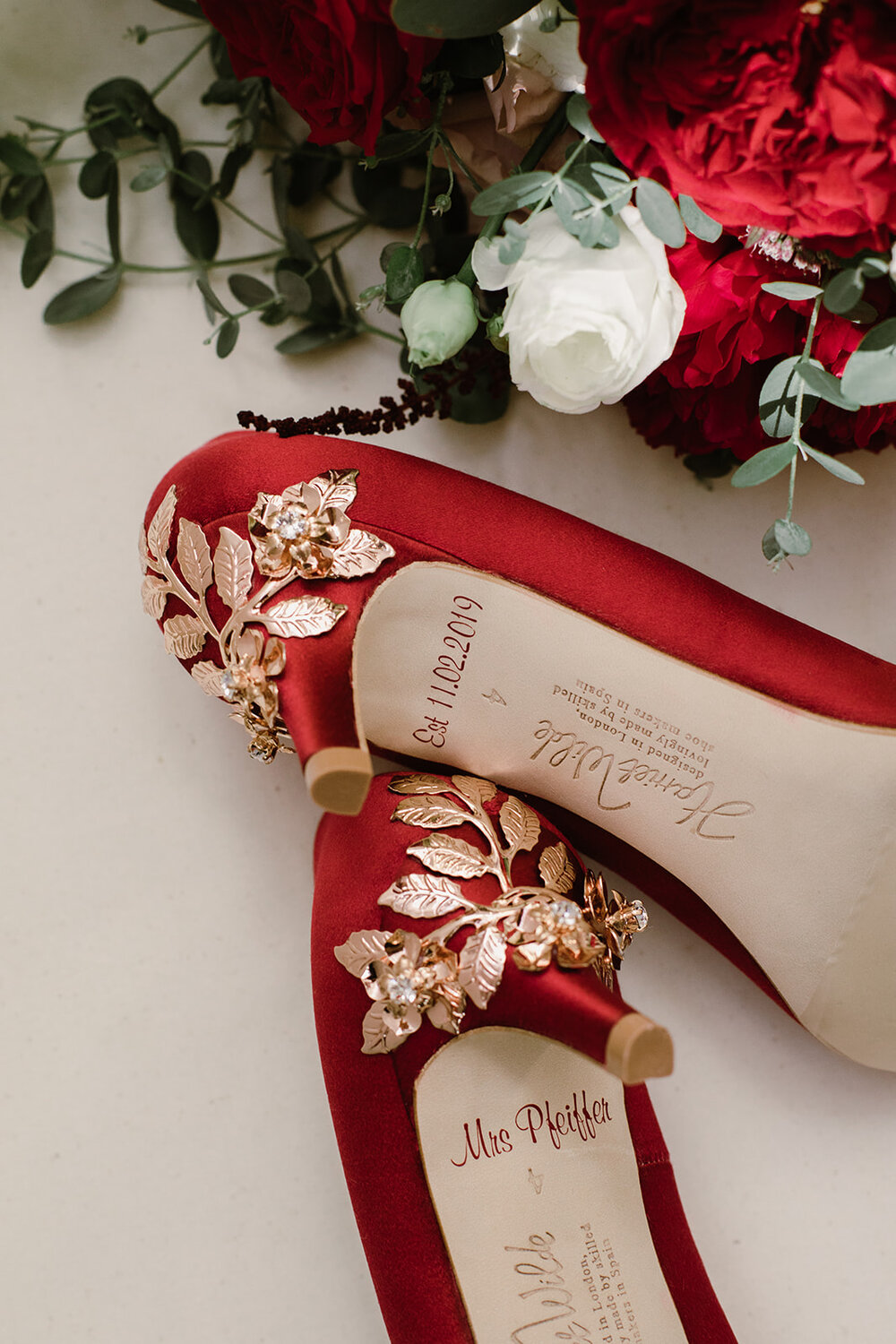 Harriet Wilde Heels | Black tie wedding with a red tux and custom Anne Barge gown | Romantic wedding at St. Bridget and The Omni Hotel in Richmond, VA.