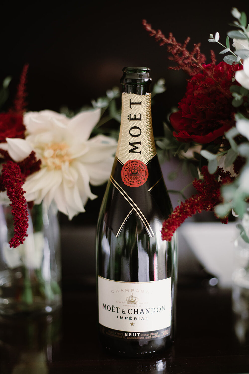  Moet Champagne | Black tie wedding with a red tux and custom Anne Barge gown | Romantic wedding at St. Bridget and The Omni Hotel in Richmond, VA. 
