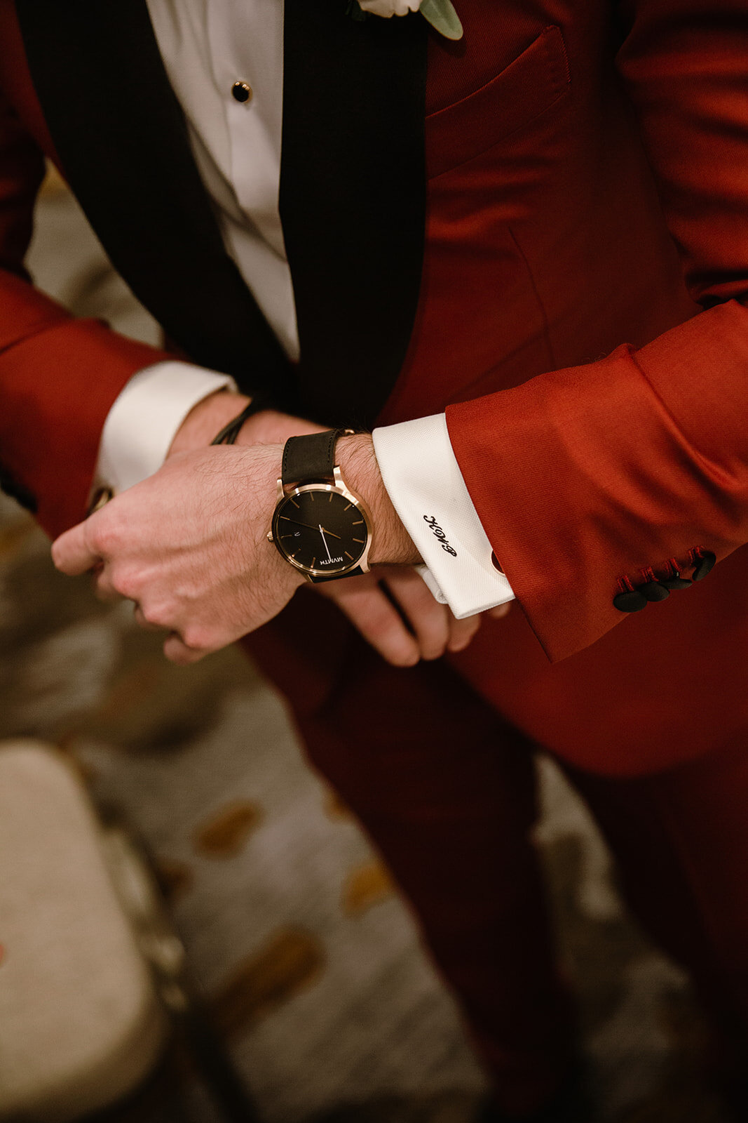  Black tie wedding with a red tux and custom Anne Barge gown | Romantic wedding at St. Bridget and The Omni Hotel in Richmond, VA. 