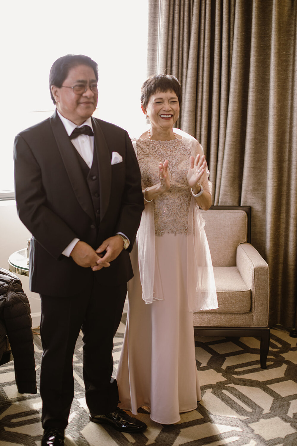  First look with parents | Black tie wedding with a red tux and custom Anne Barge gown | Romantic wedding at St. Bridget and The Omni Hotel in Richmond, VA. 