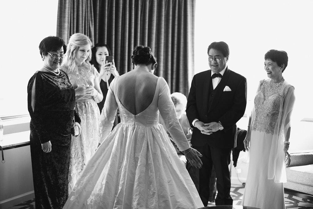  First look with parents | Black tie wedding with a red tux and custom Anne Barge gown | Romantic wedding at St. Bridget and The Omni Hotel in Richmond, VA. 