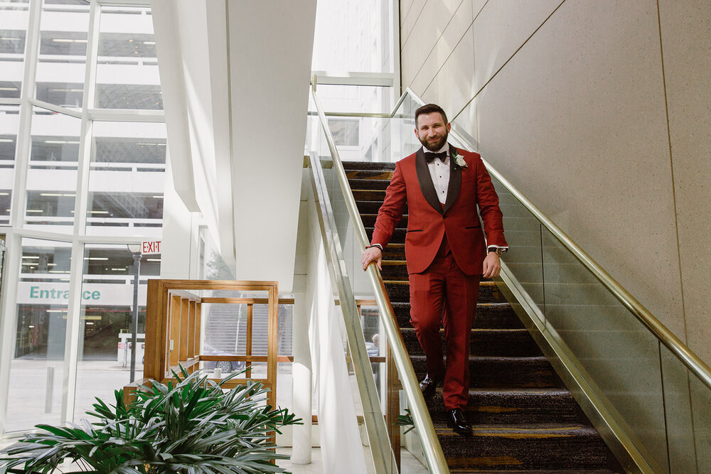  Black tie wedding with a red tux and custom Anne Barge gown | Romantic wedding at St. Bridget and The Omni Hotel in Richmond, VA. 