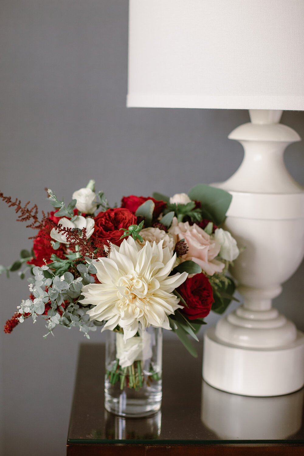 Cafe au lait dahlias and red peony wedding florals | Black tie wedding with a red tux and custom Anne Barge gown | Romantic wedding at St. Bridget and The Omni Hotel in Richmond, VA.