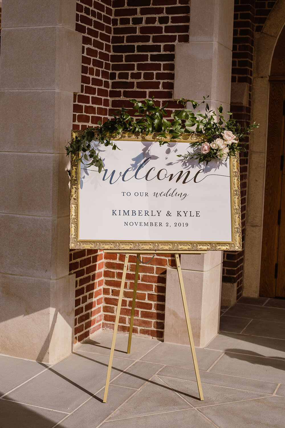 Wedding Welcome Sign | Romantic wedding at St. Bridget Catholic Church, Richmond, VA | Black tie wedding with a red tux and custom Anne Barge gown