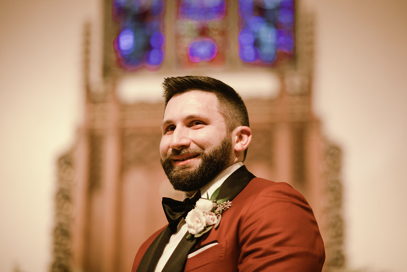 Romantic wedding at St. Bridget Catholic Church, Richmond, VA | Black tie wedding with a red tux and custom Anne Barge gown