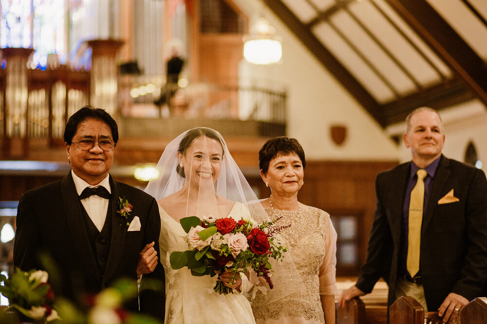 Romantic wedding at St. Bridget Catholic Church, Richmond, VA | Black tie wedding with a red tux and custom Anne Barge gown