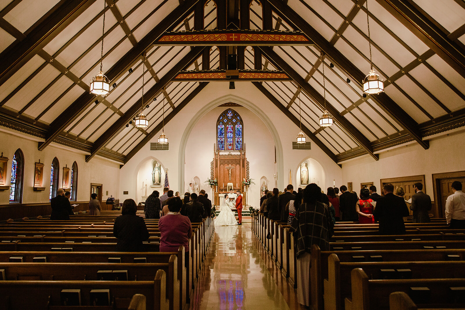 Romantic wedding at St. Bridget Catholic Church, Richmond, VA | Black tie wedding with a red tux and custom Anne Barge gown