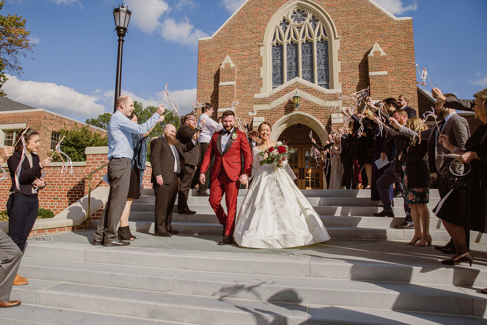 Romantic wedding at St. Bridget Catholic Church, Richmond, VA | Black tie wedding with a red tux and custom Anne Barge gown