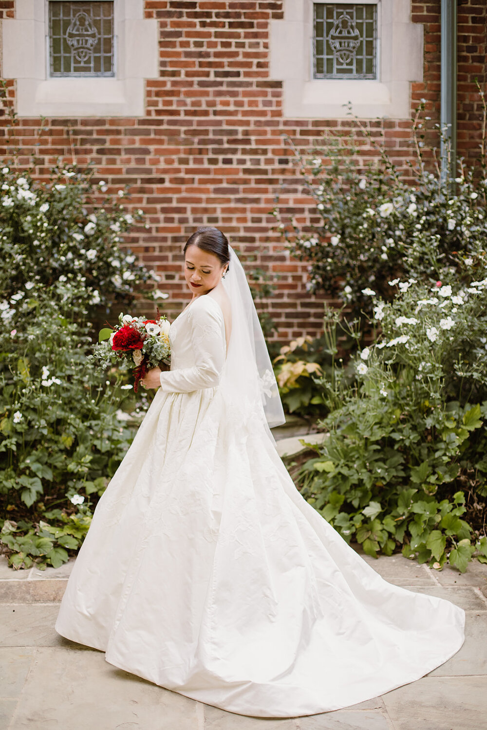  Soft Drop Wedding Veil | Bride and Groom Portraits | Romantic wedding at St. Bridget Catholic Church, Richmond, VA | Black tie wedding with a red tux and custom Anne Barge gown 