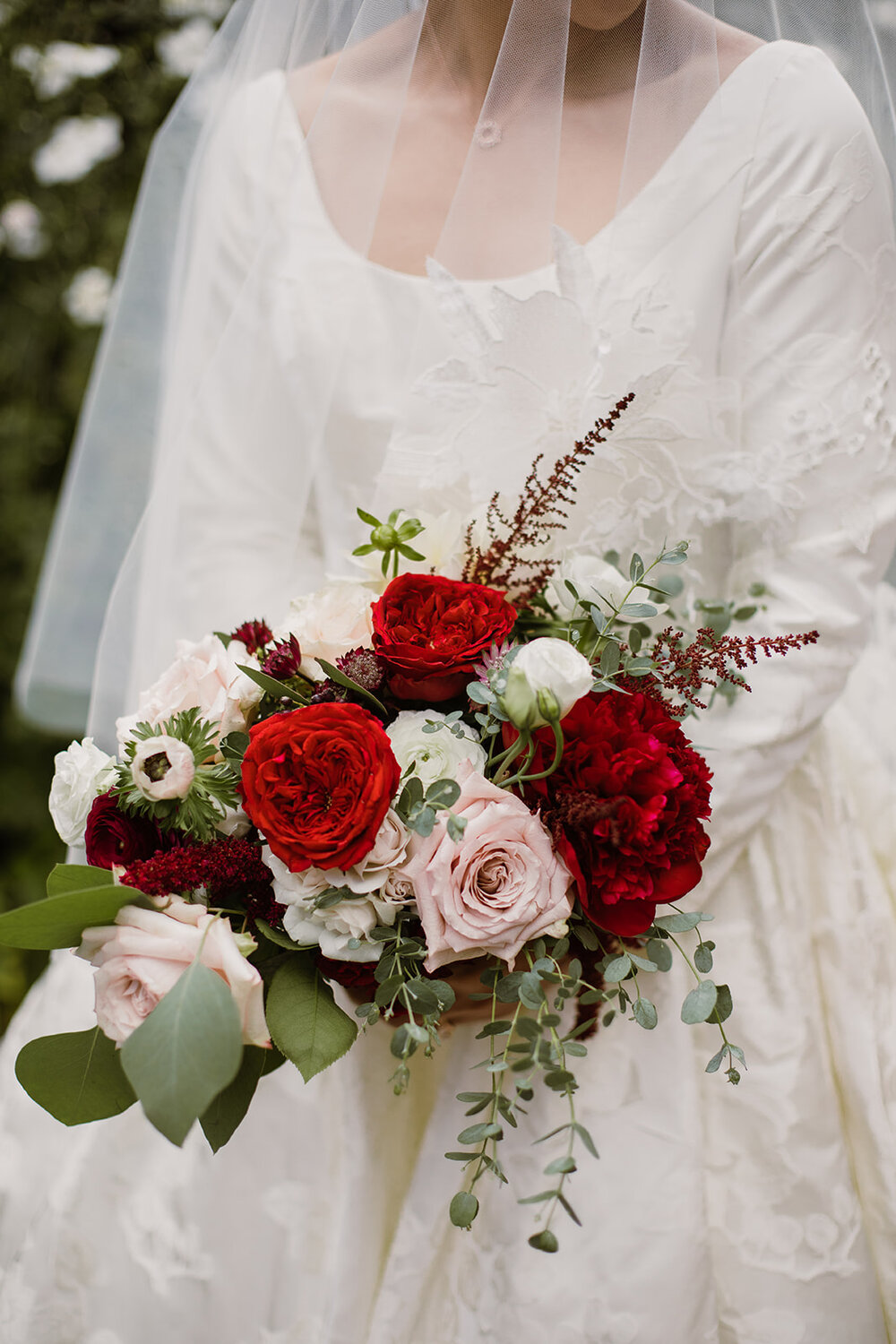 Cafe au lait dahlias and red peony wedding florals | Black tie wedding with a red tux and custom Anne Barge gown | Romantic wedding at St. Bridget and The Omni Hotel in Richmond, VA. 