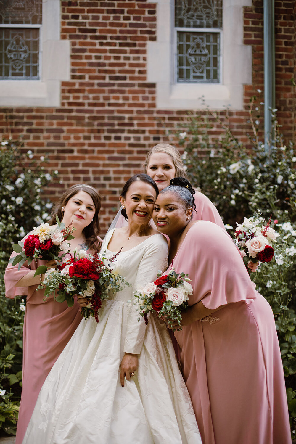  Soft Drop Wedding Veil | Bride and Groom Portraits | Romantic wedding at St. Bridget Catholic Church, Richmond, VA | Black tie wedding with a red tux and custom Anne Barge gown 