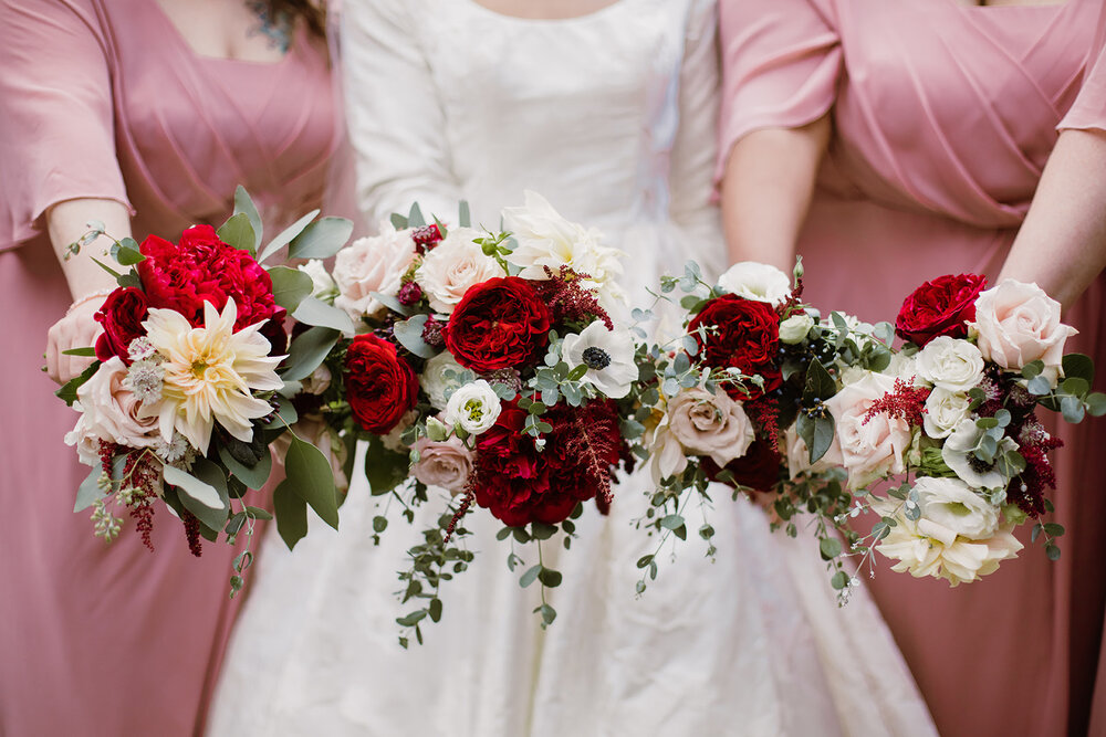 Cafe au lait dahlias and red peony wedding florals | Black tie wedding with a red tux and custom Anne Barge gown | Romantic wedding at St. Bridget and The Omni Hotel in Richmond, VA.