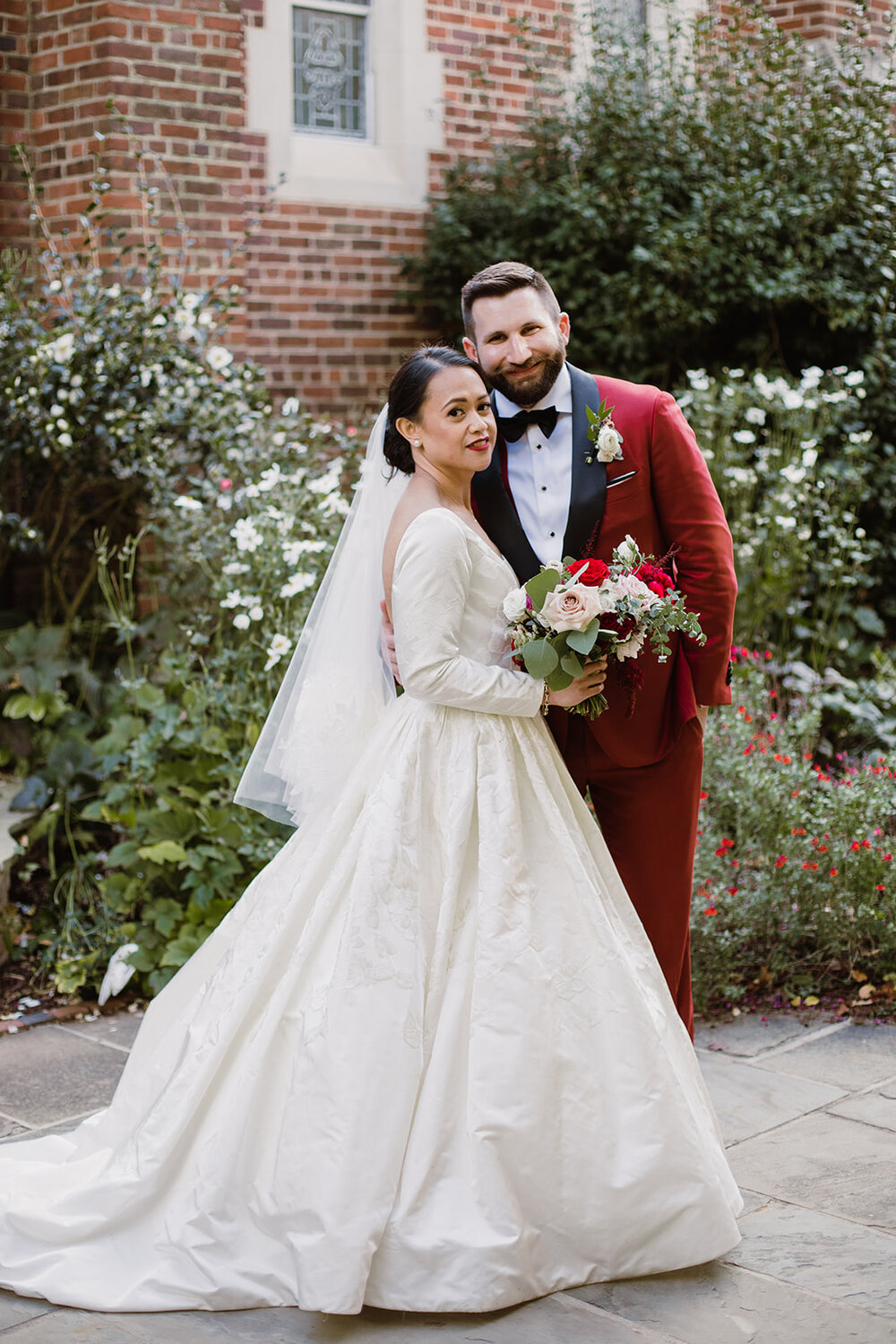  Soft Drop Wedding Veil | Bride and Groom Portraits | Romantic wedding at St. Bridget Catholic Church, Richmond, VA | Black tie wedding with a red tux and custom Anne Barge gown 