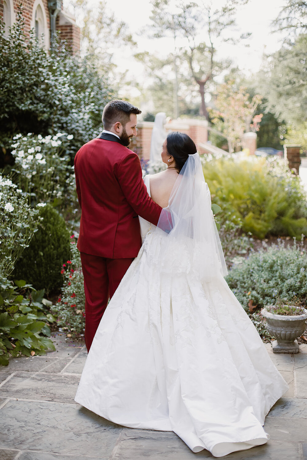  Soft Drop Wedding Veil | Bride and Groom Portraits | Romantic wedding at St. Bridget Catholic Church, Richmond, VA | Black tie wedding with a red tux and custom Anne Barge gown 