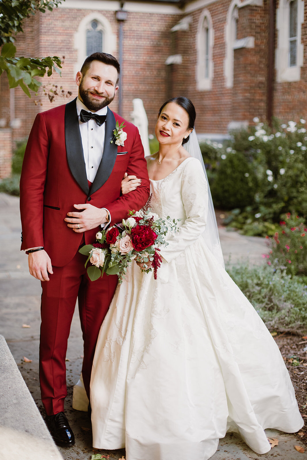  Soft Drop Wedding Veil | Bride and Groom Portraits | Romantic wedding at St. Bridget Catholic Church, Richmond, VA | Black tie wedding with a red tux and custom Anne Barge gown 