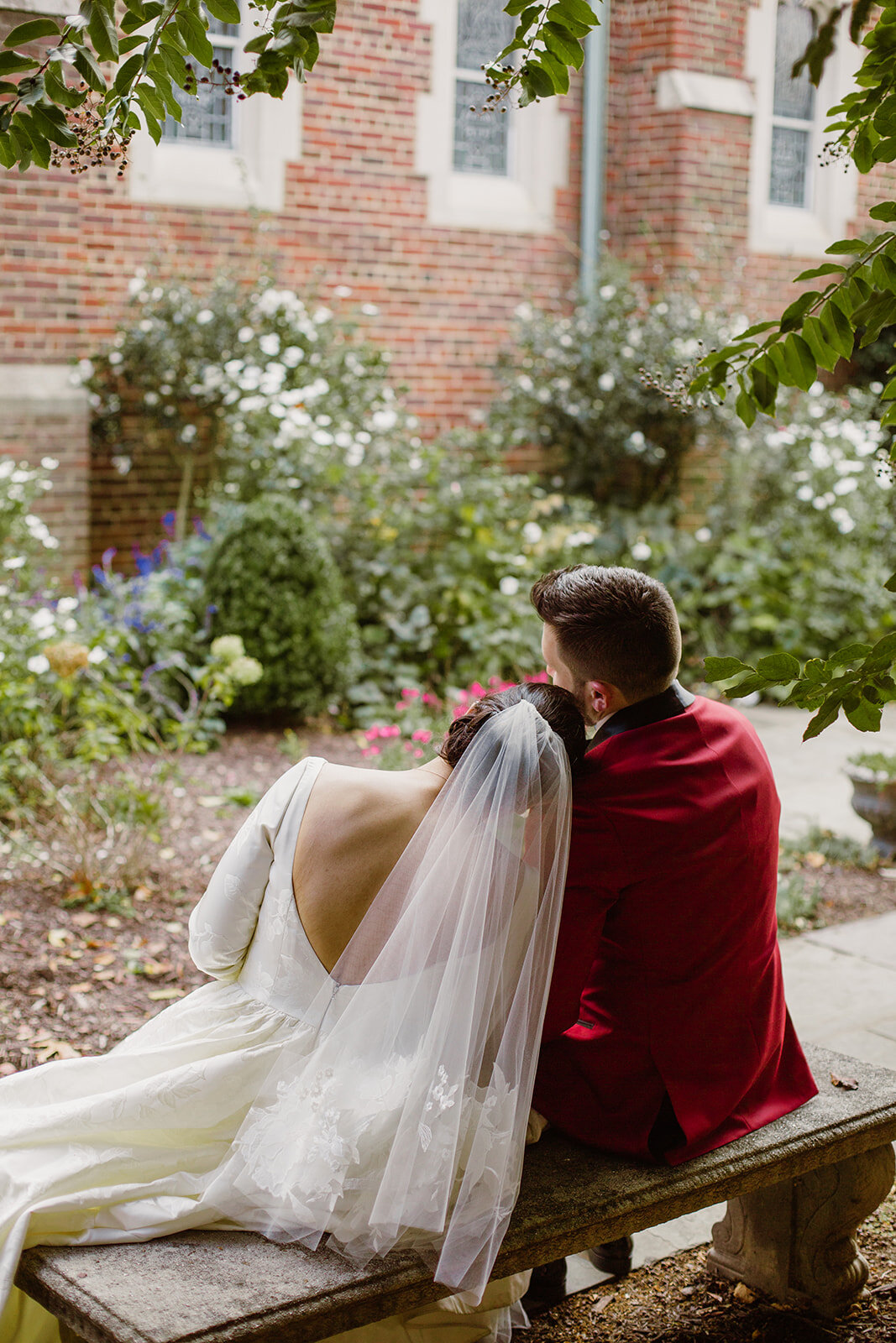  Soft Drop Wedding Veil | Bride and Groom Portraits | Romantic wedding at St. Bridget Catholic Church, Richmond, VA | Black tie wedding with a red tux and custom Anne Barge gown 