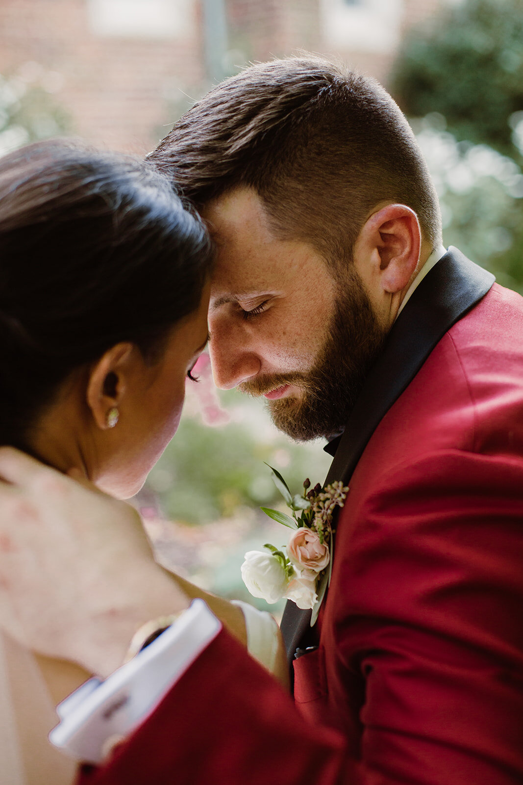 Soft Drop Wedding Veil | Bride and Groom Portraits | Romantic wedding at St. Bridget Catholic Church, Richmond, VA | Black tie wedding with a red tux and custom Anne Barge gown
