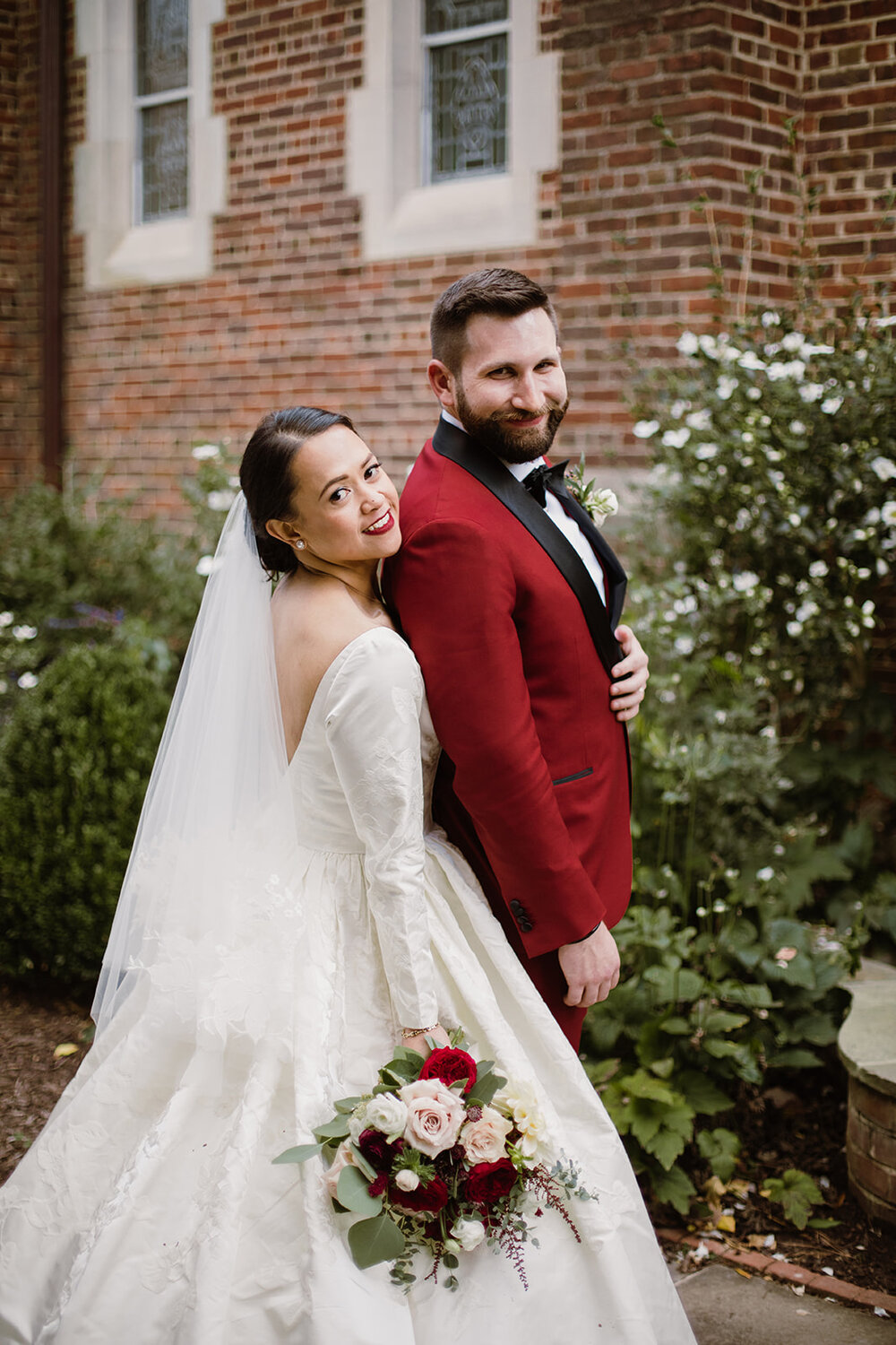  Soft Drop Wedding Veil | Bride and Groom Portraits | Romantic wedding at St. Bridget Catholic Church, Richmond, VA | Black tie wedding with a red tux and custom Anne Barge gown 