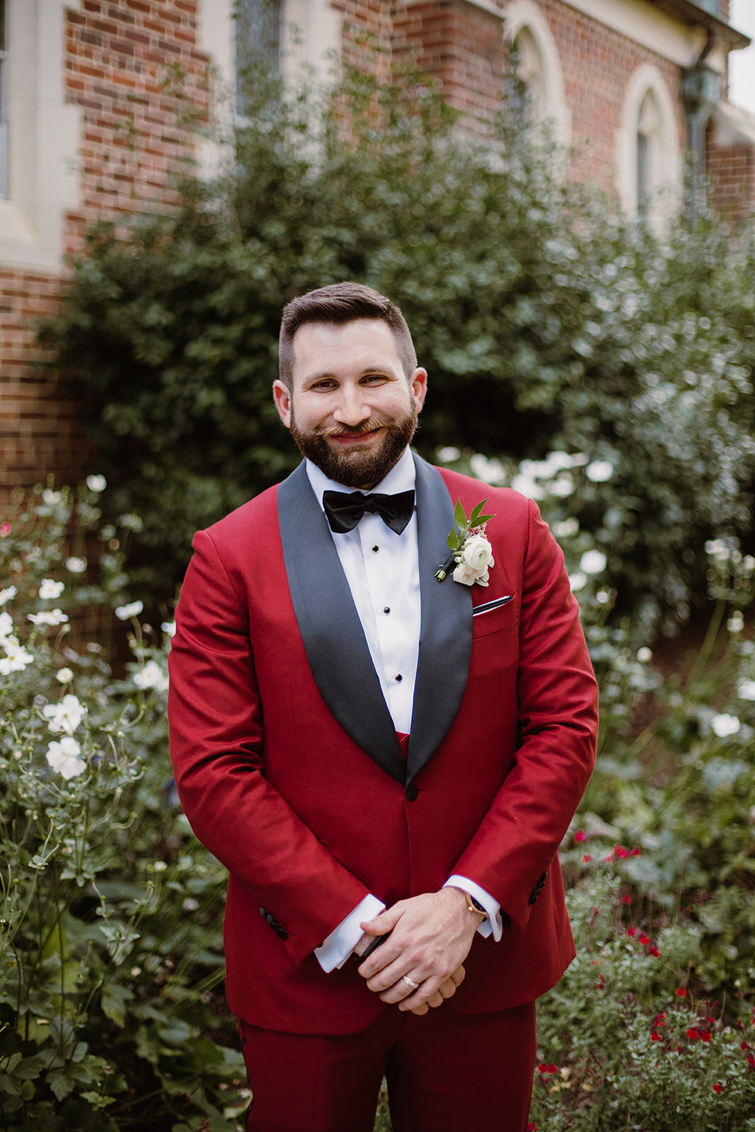  Soft Drop Wedding Veil | Bride and Groom Portraits | Romantic wedding at St. Bridget Catholic Church, Richmond, VA | Black tie wedding with a red tux and custom Anne Barge gown 