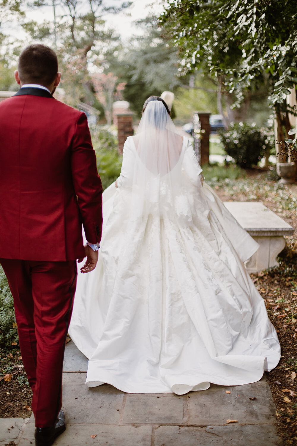  Soft Drop Wedding Veil | Bride and Groom Portraits | Romantic wedding at St. Bridget Catholic Church, Richmond, VA | Black tie wedding with a red tux and custom Anne Barge gown 