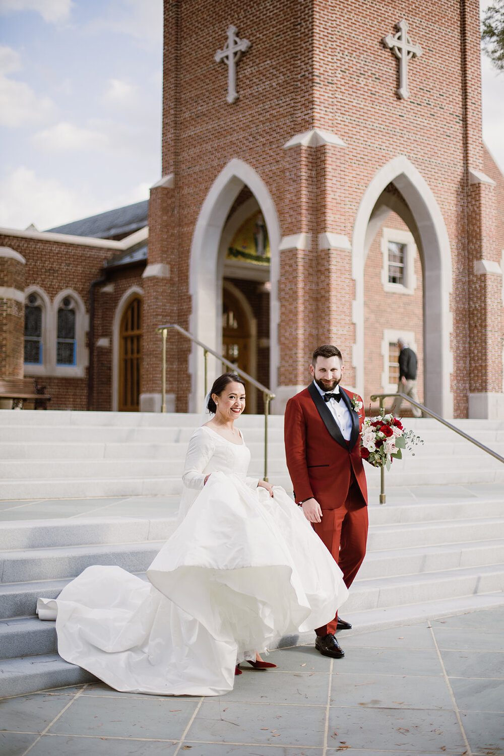  Soft Drop Wedding Veil | Bride and Groom Portraits | Romantic wedding at St. Bridget Catholic Church, Richmond, VA | Black tie wedding with a red tux and custom Anne Barge gown 