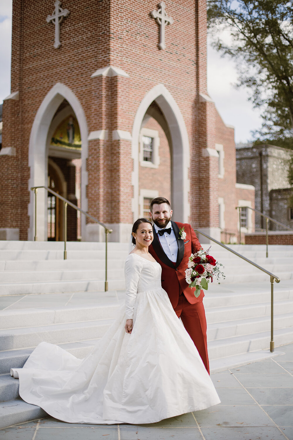  Soft Drop Wedding Veil | Bride and Groom Portraits | Romantic wedding at St. Bridget Catholic Church, Richmond, VA | Black tie wedding with a red tux and custom Anne Barge gown 