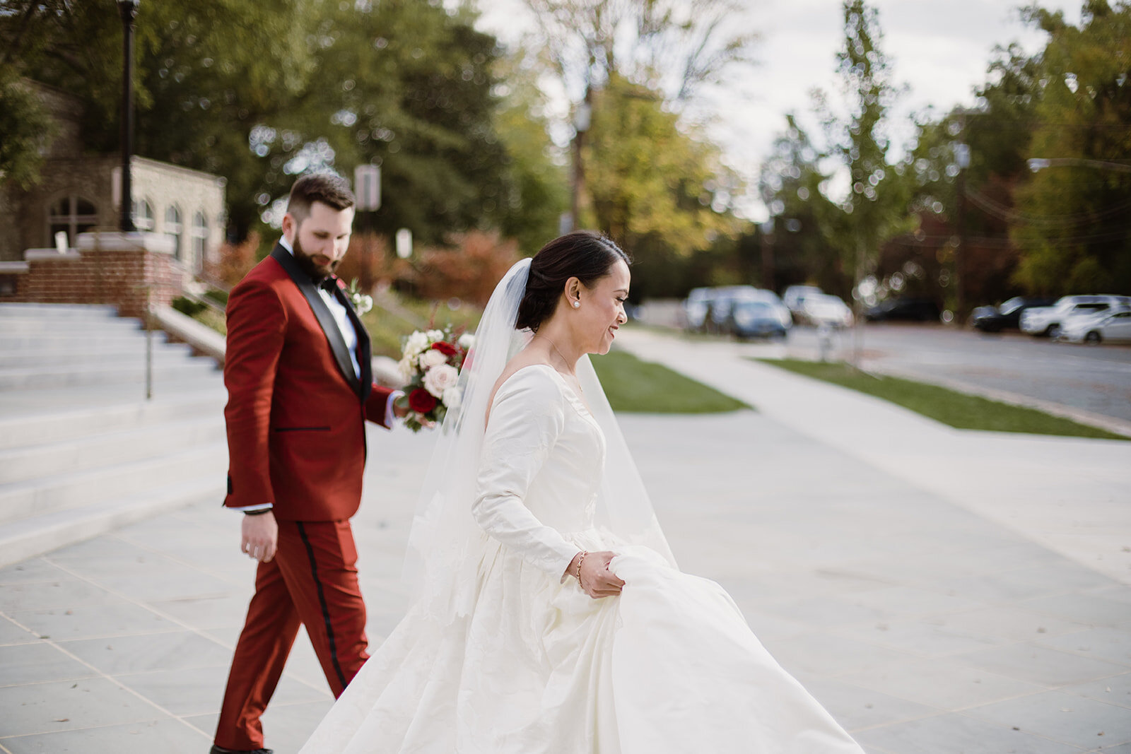  Soft Drop Wedding Veil | Bride and Groom Portraits | Romantic wedding at St. Bridget Catholic Church, Richmond, VA | Black tie wedding with a red tux and custom Anne Barge gown 