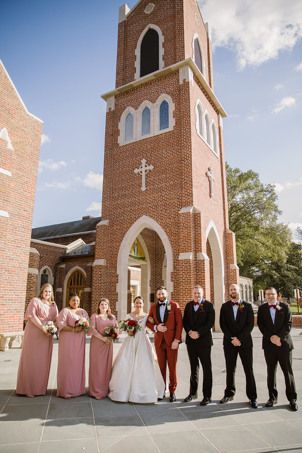  Wedding Party Portraits | Romantic wedding at St. Bridget Catholic Church, Richmond, VA | Black tie wedding with a red tux and custom Anne Barge gown 