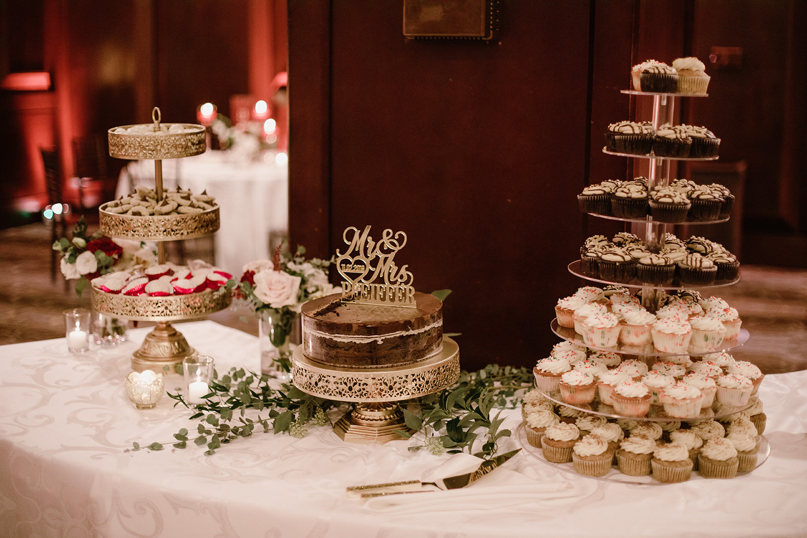  Dessert Table | Wedding Reception at the Omni Hotel in Richmond, VA | Fall Wedding with Red Peonies and Cafe au Lait Dahlias. 