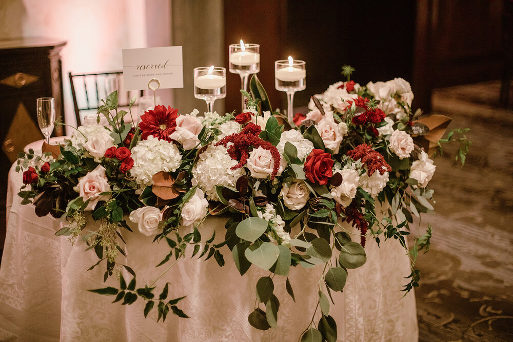  Wedding Reception at the Omni Hotel in Richmond, VA | Fall Wedding with Red Peonies and Cafe au Lait Dahlias. 