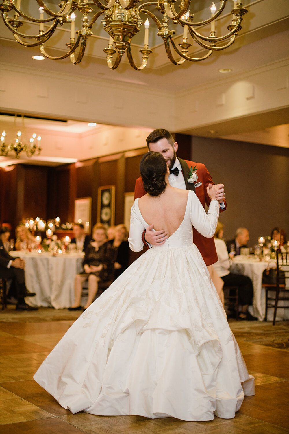  Wedding Reception at the Omni Hotel in Richmond, VA | Fall Wedding with Red Peonies and Cafe au Lait Dahlias. 